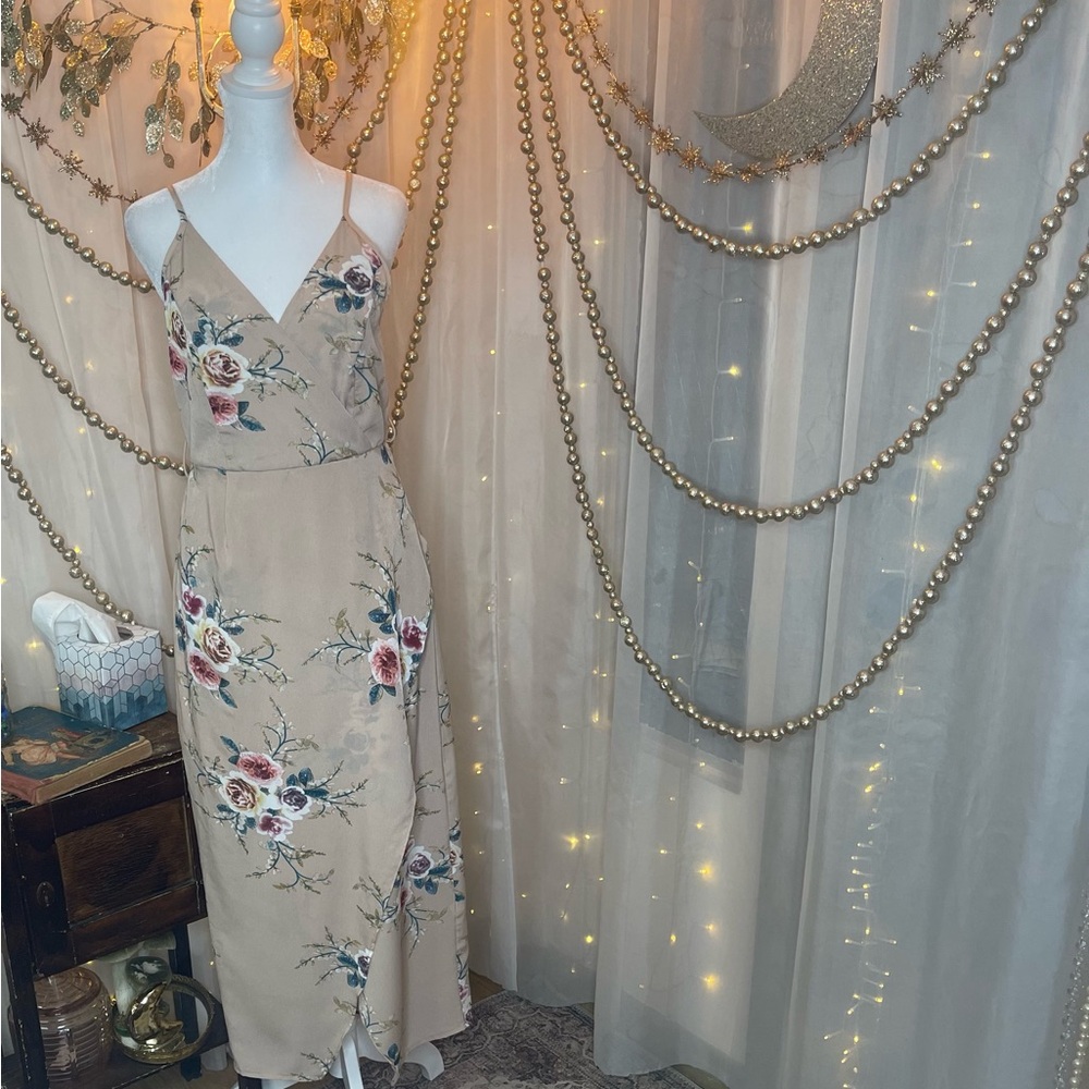Beige Midi Faux Wrap Detail Sundress with Spaghetti Straps